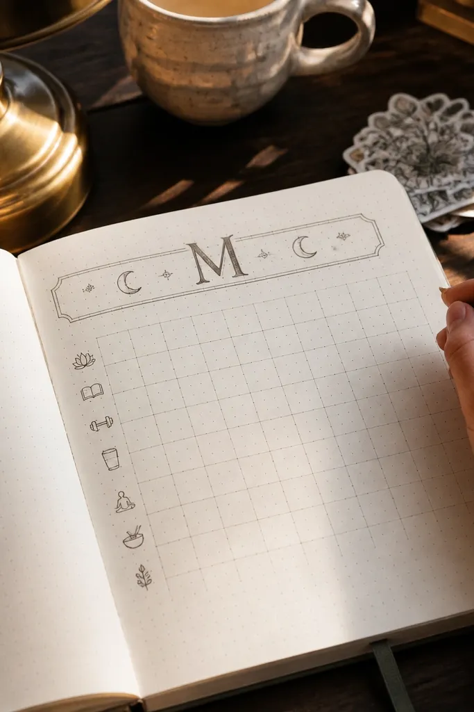 A monogram letter inside a banner with small icons around it