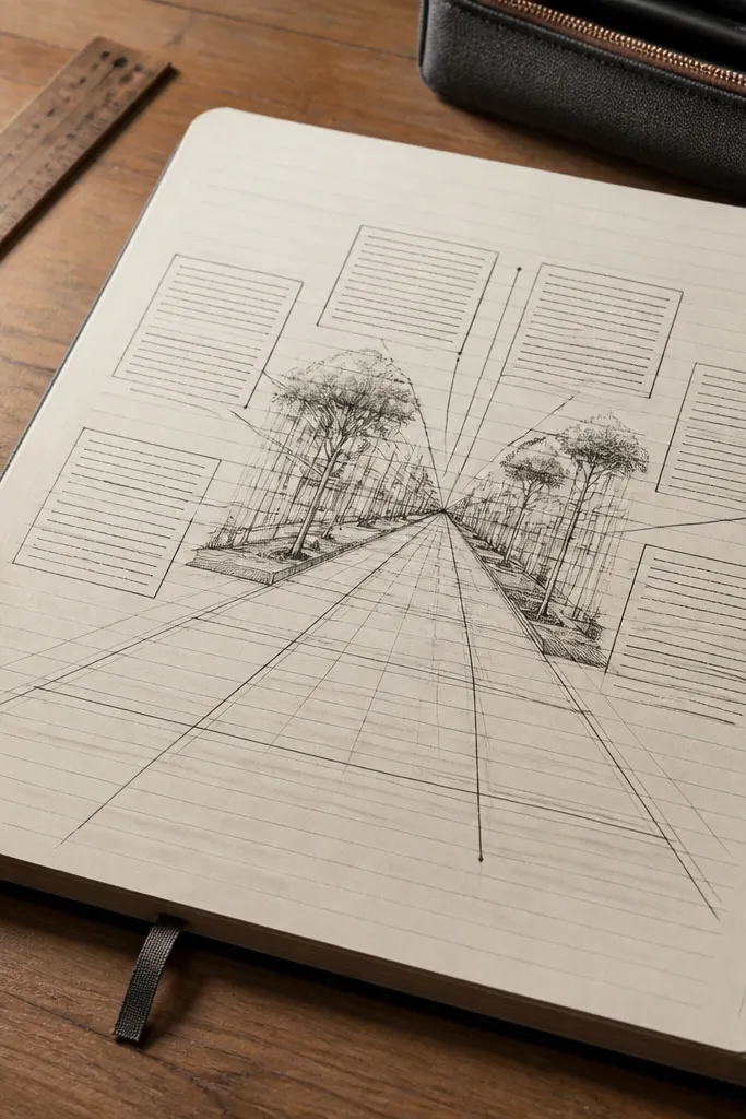 Two-point perspective lines converging with side note blocks