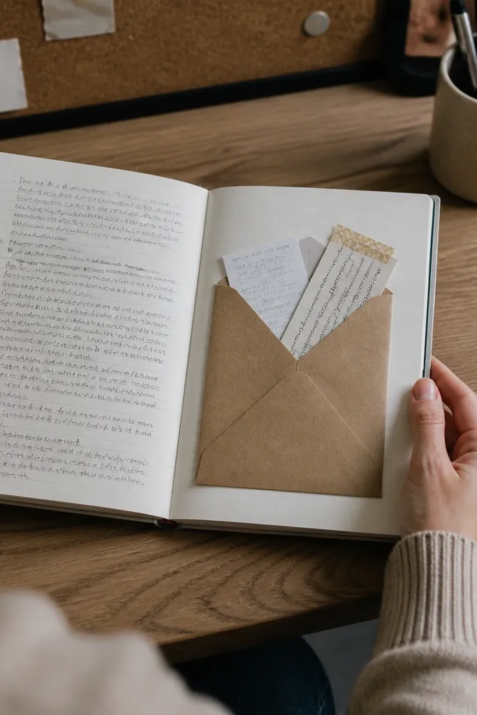 A paper envelope pocket pasted into a journal page with a label tab