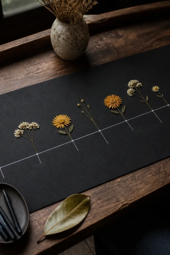 Black page with pressed flowers and a thin timeline line