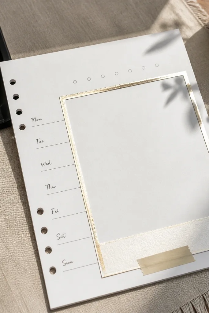 Polaroid-style frame with shiny foil edges and a weekly note box