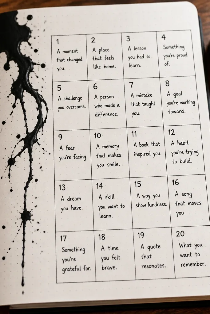 White page with a controlled ink drip column and numbered prompt boxes