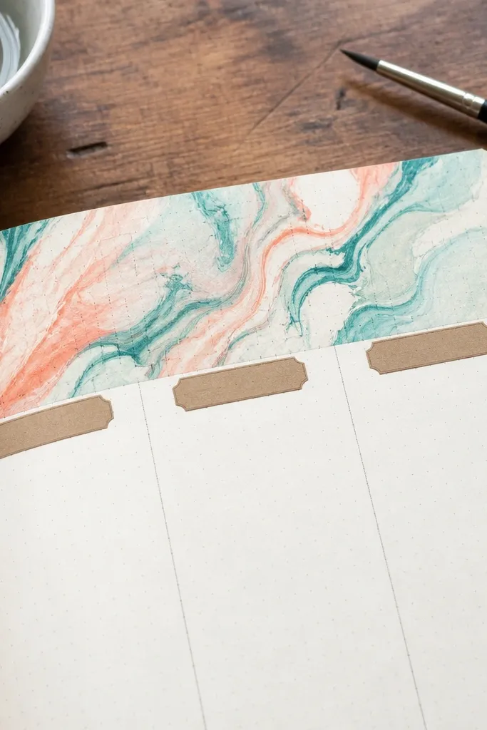 Marbled watercolor header with small label tabs and tidy text lines