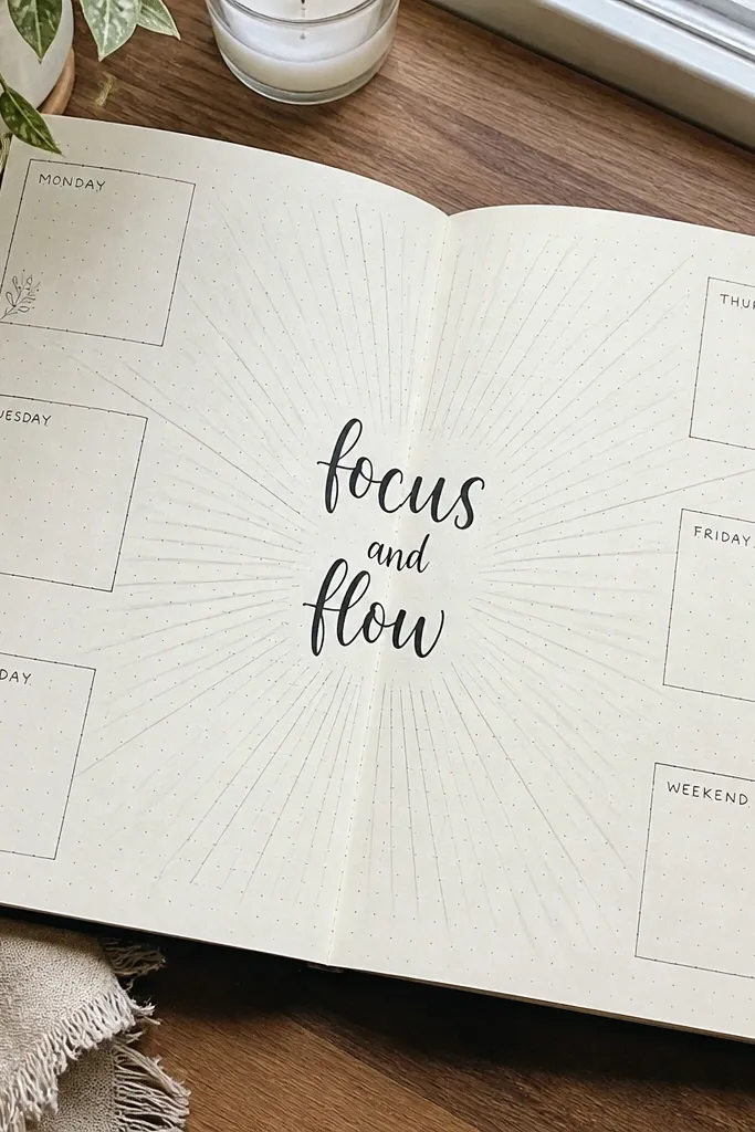 Weekly bullet journal with a sunburst rays header and a centered title
