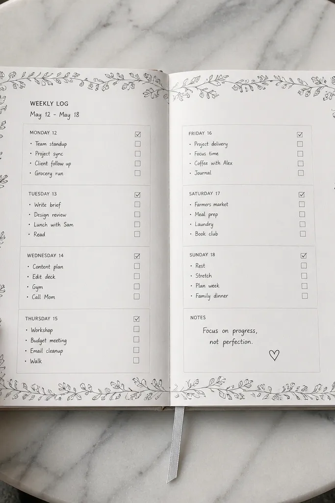 Weekly log pages framed with monochrome leaf border drawings