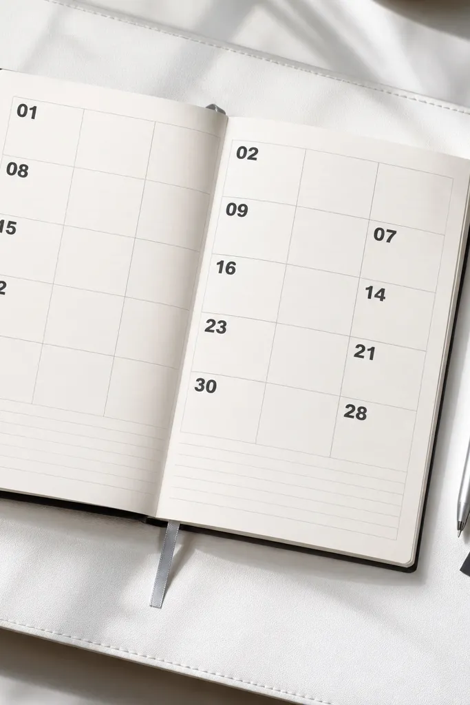 Monthly calendar with a clean grid and oversized date numbers