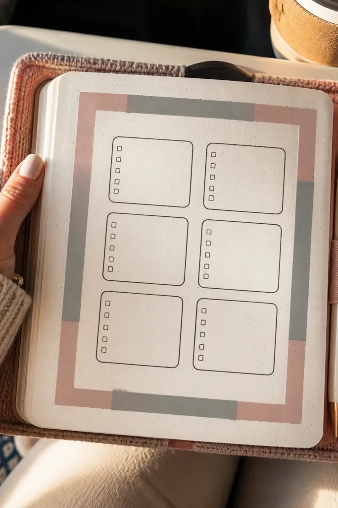 Bullet journal page framed with washi tape and checklist cards inside