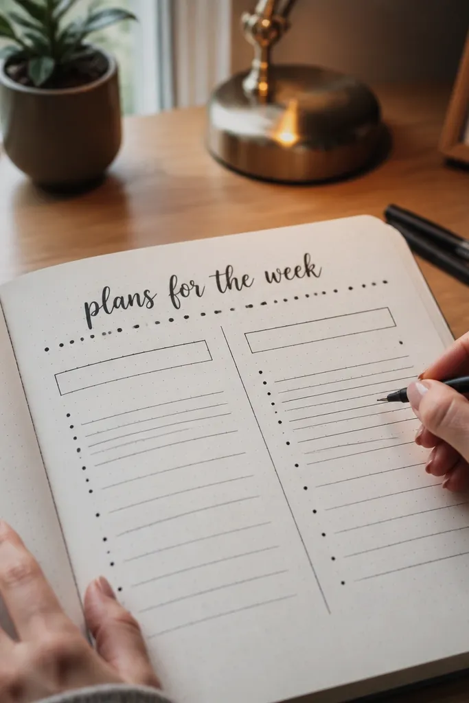Bullet journal page with a hand-lettered banner and dotted baseline under the title