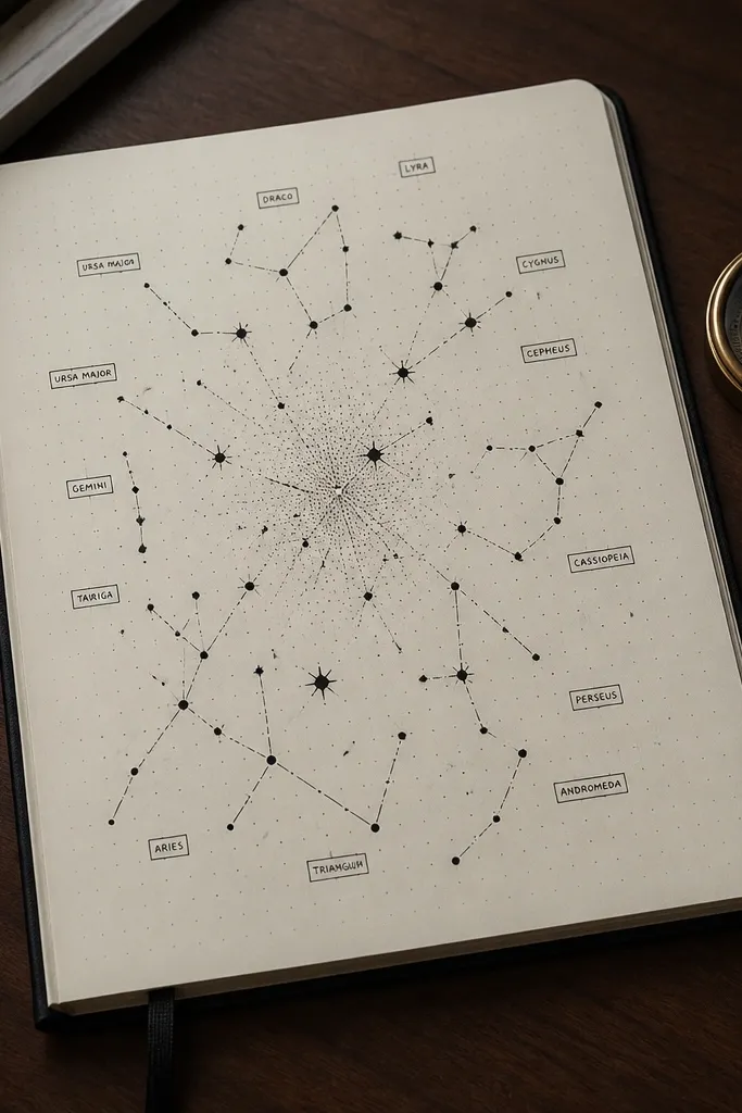 Black ink star map layout with small label boxes around points