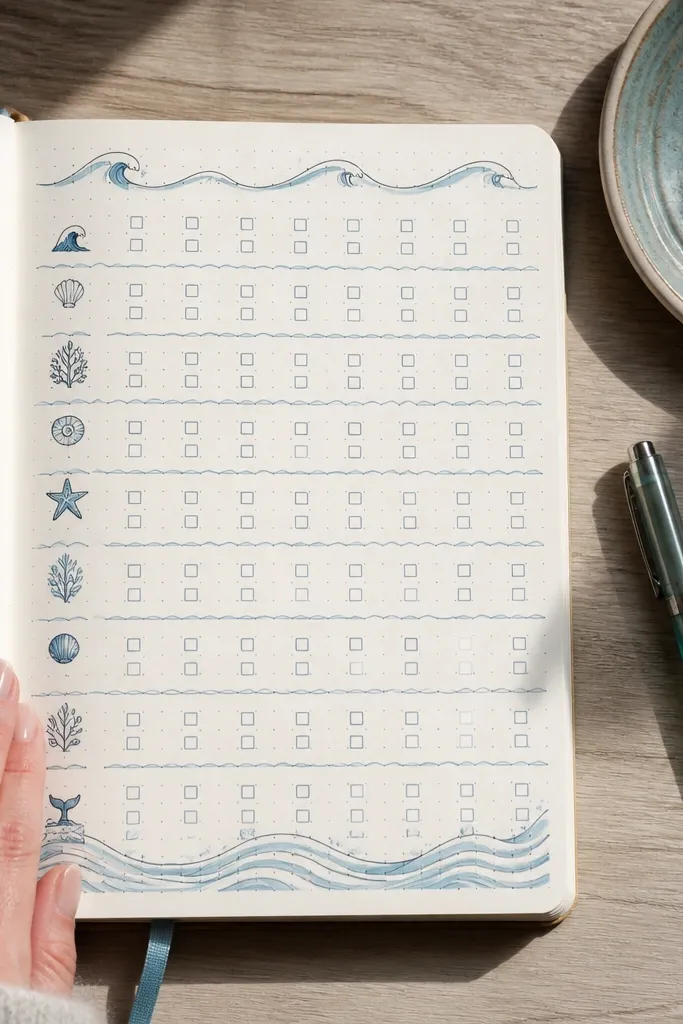 Habit tracker with ocean wave dividers and blue ink sections