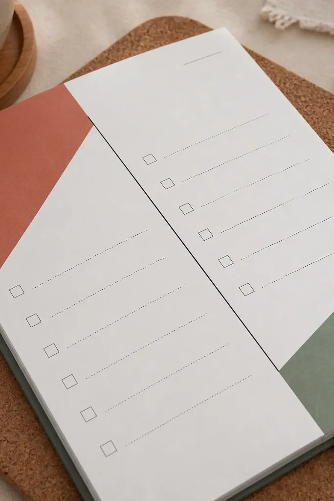 Diagonal checklist with two color-blocked corners and a clean header