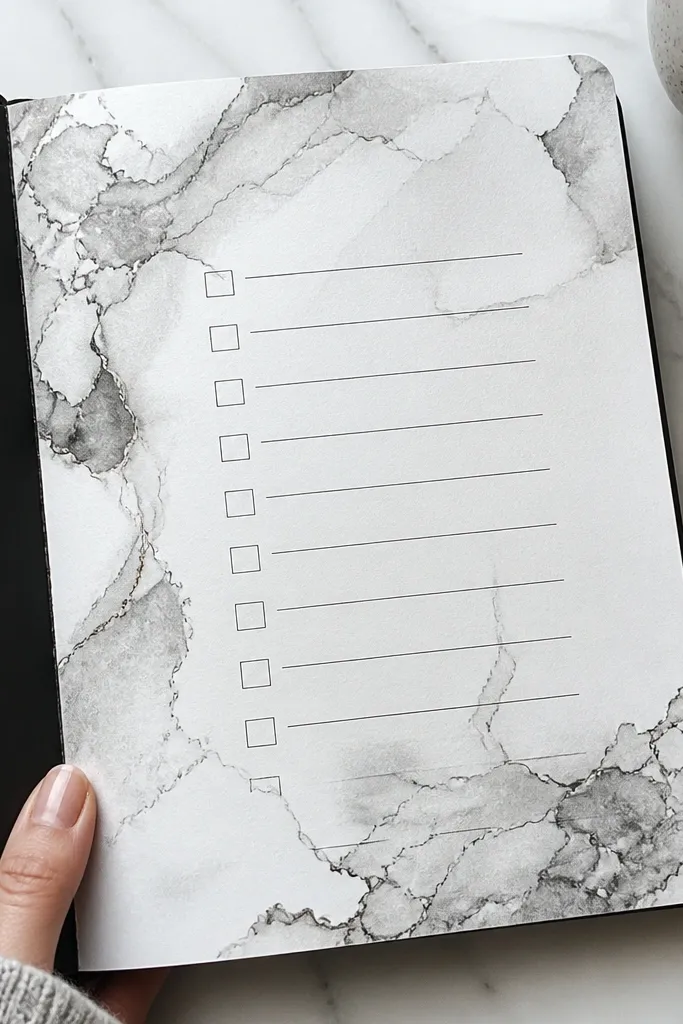 Marble-style gray background with a checklist overlay in black ink