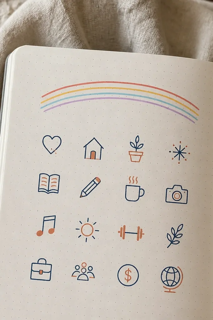 Header with rainbow underline and small two-color icons beside sections