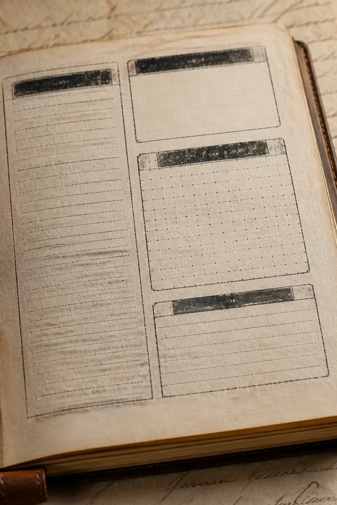 Vintage-style labeled boxes with distressed edges and small handwritten text