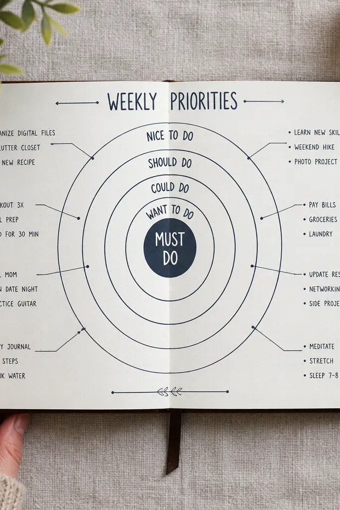 Priorities page with concentric target rings and labeled sections