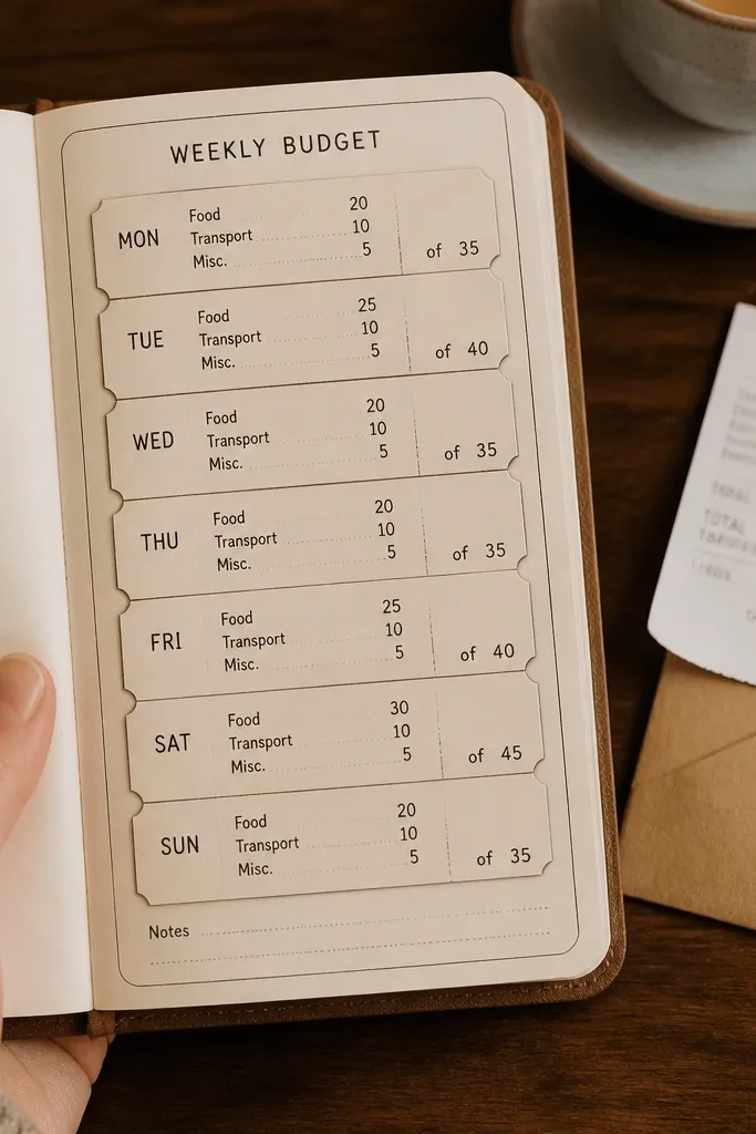 Weekly budget tracker using stacked ticket stub rectangles and small counters