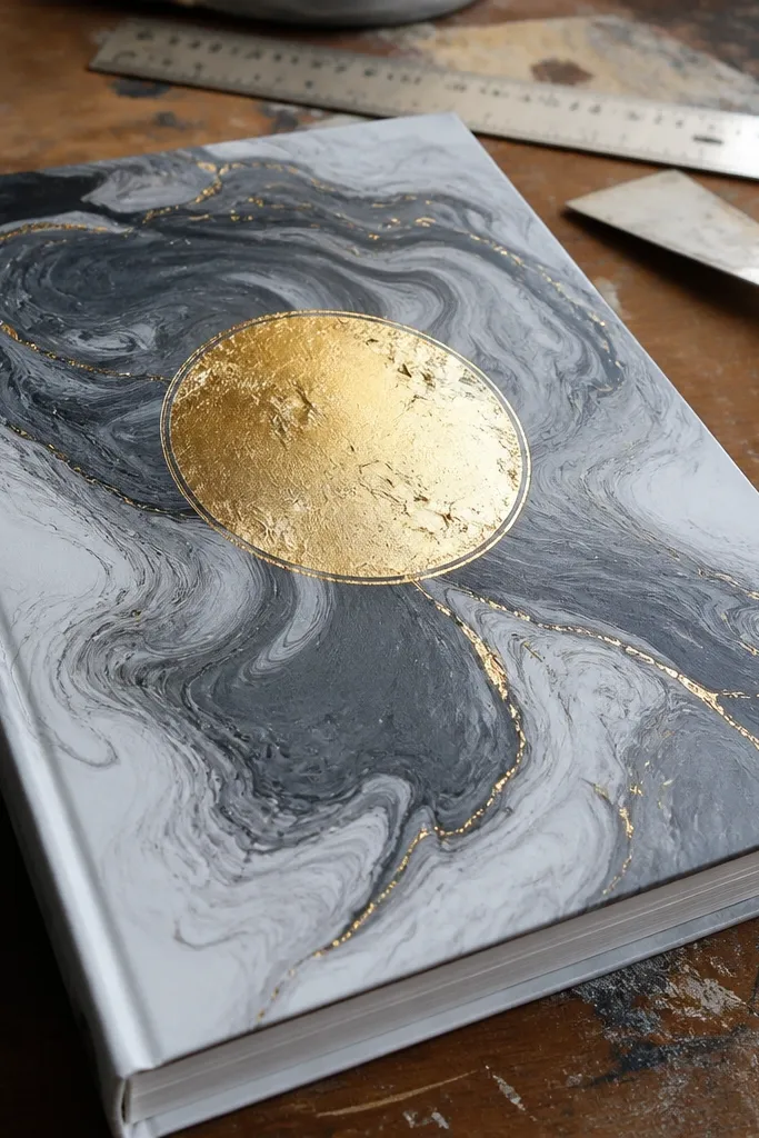White and gray marble swirls with a gold leaf-style title on a journal cover