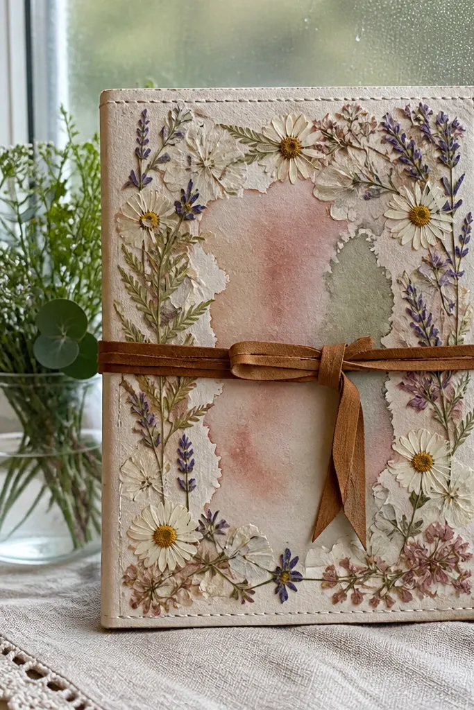 Small pressed flowers along the border with a pale watercolor rectangle in the center