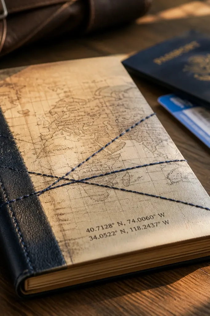 A vintage map panel with neat navy thread stitching and coordinates text