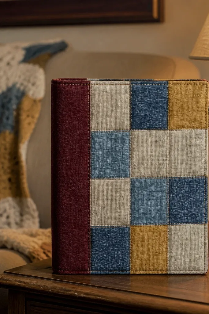 Small fabric patches arranged in a grid with a contrasting binding strip around them