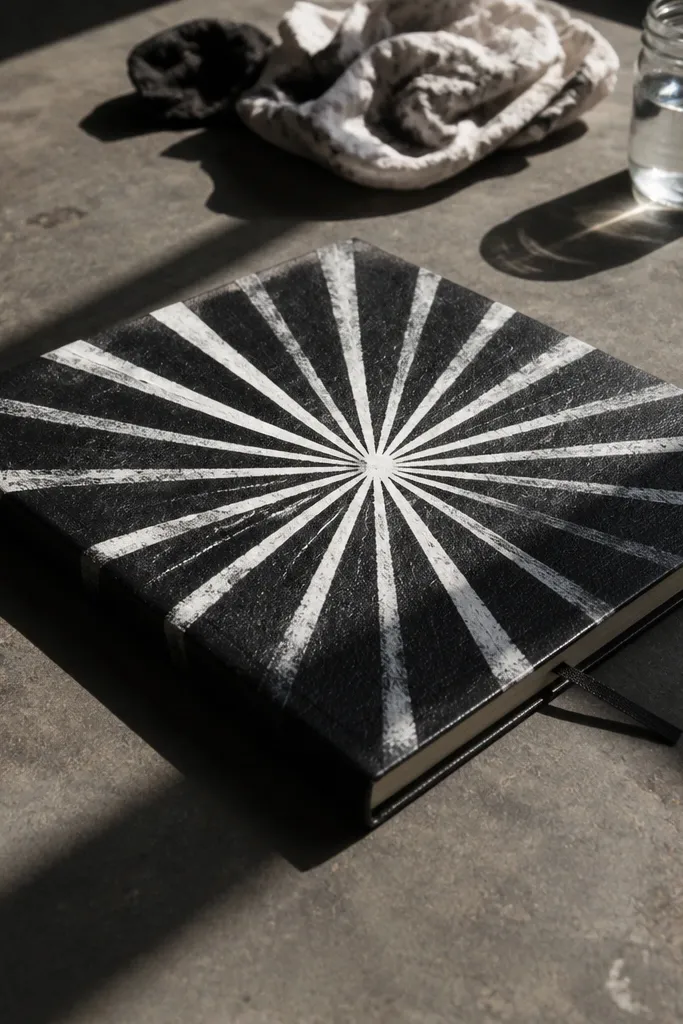 Matte black cover with a white stencil burst and small splatter accents