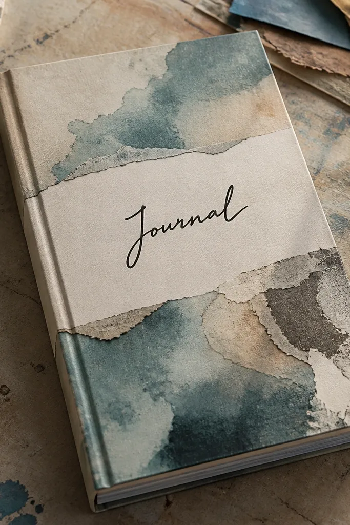 Layered torn paper pieces with a soft ink wash and a handwritten script title