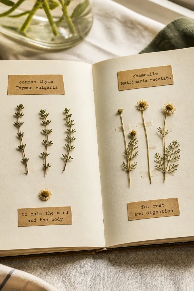 Pressed herb leaves arranged like labels with typewriter-style text on a cream background