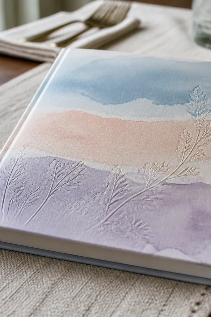 Horizontal watercolor bands in pastel colors with pressed-looking text at the top