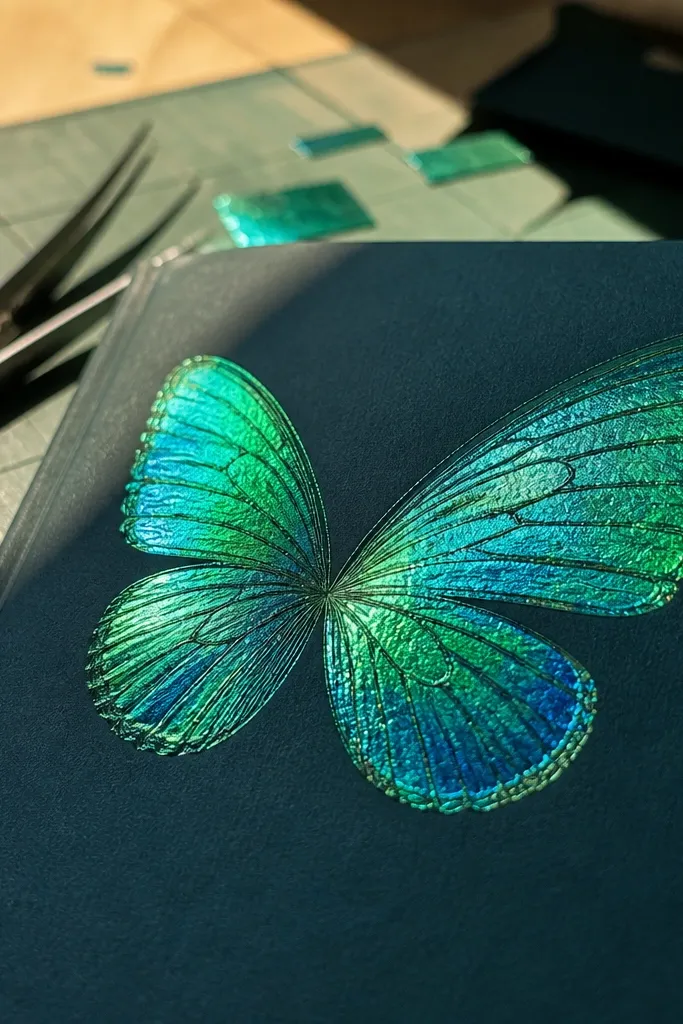 Deep teal cover with metallic butterfly wing foil in the upper corner