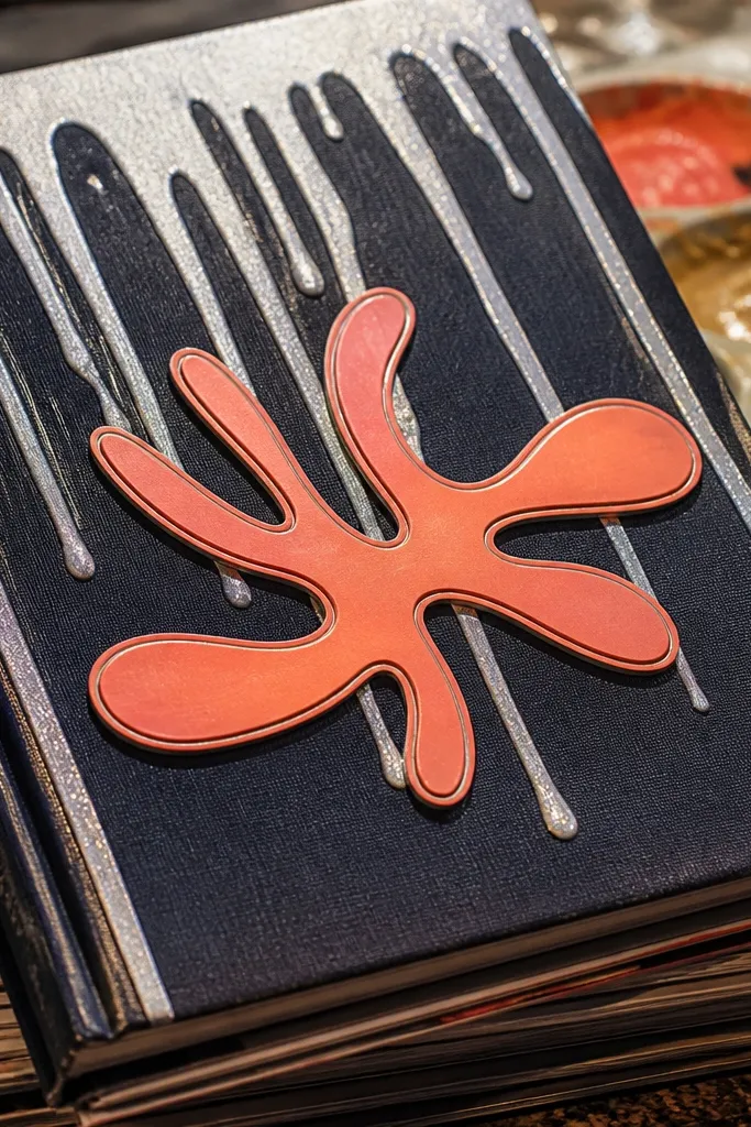 Shimmery acrylic drips on a solid background with a bold sticker title