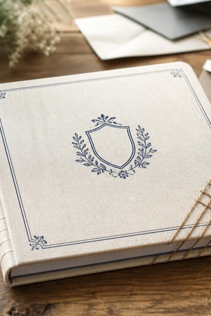 Off-white linen-textured cover with a small crest print and a thread-wrapped corner