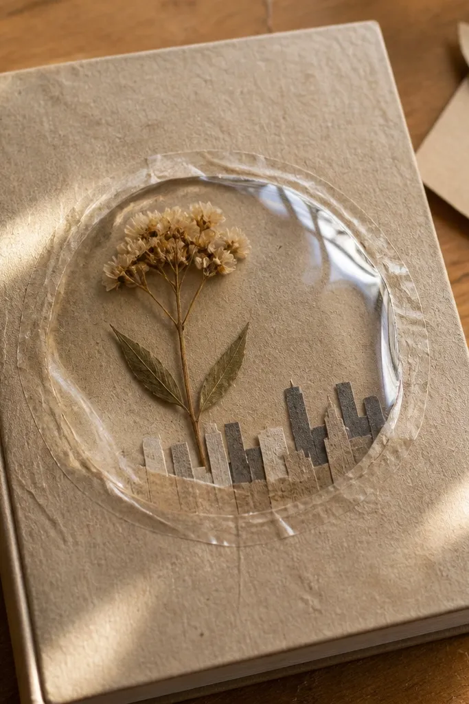Paper collage sealed under clear glossy tape like a resin window