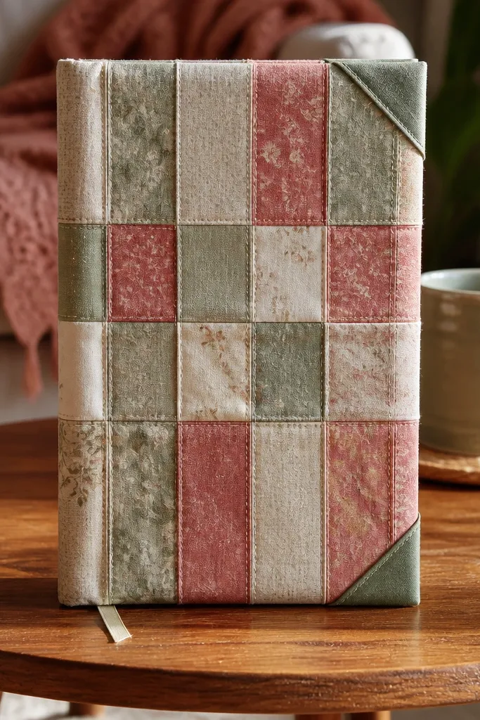 Fabric strips arranged like quilt panels with neat corners and a centered title