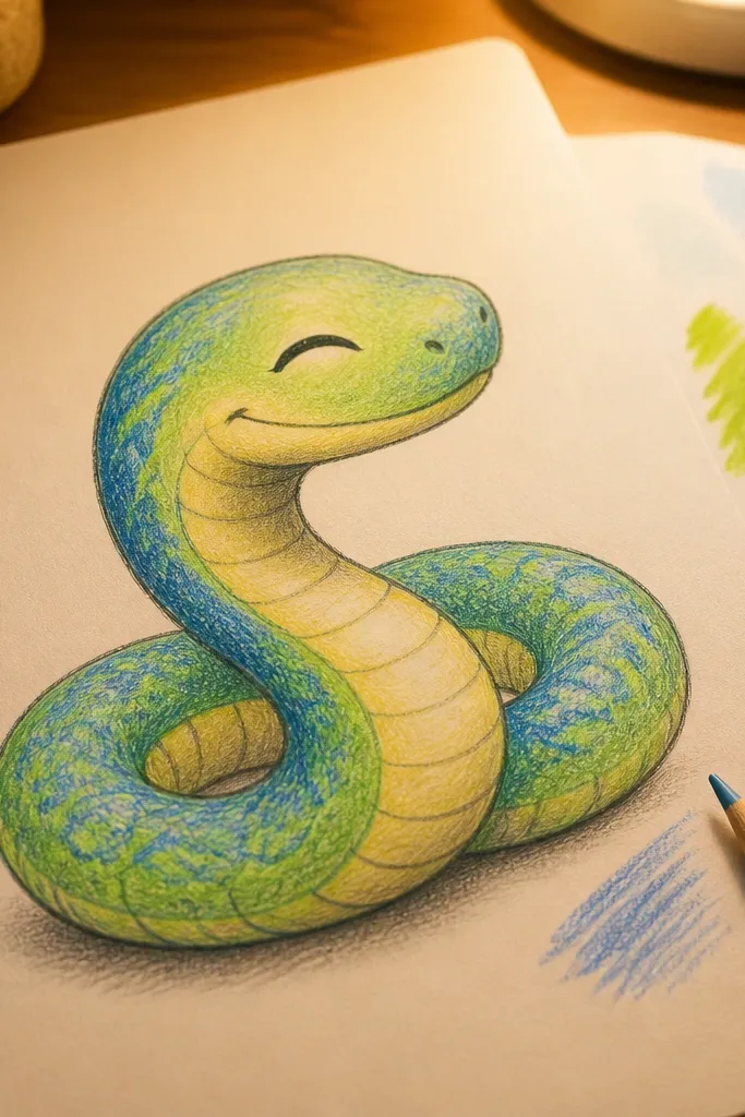 A snake facing sideways with one eye as a wink and a small smile