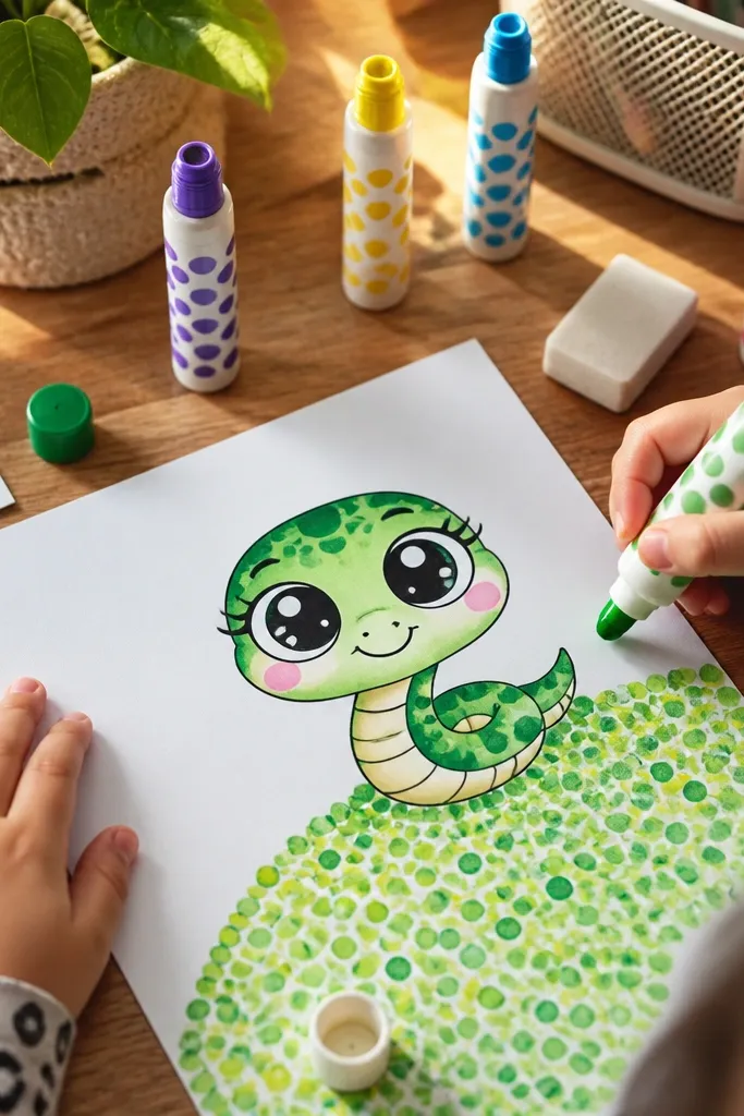 A tiny chibi snake sitting on a small hill of dots with a smile