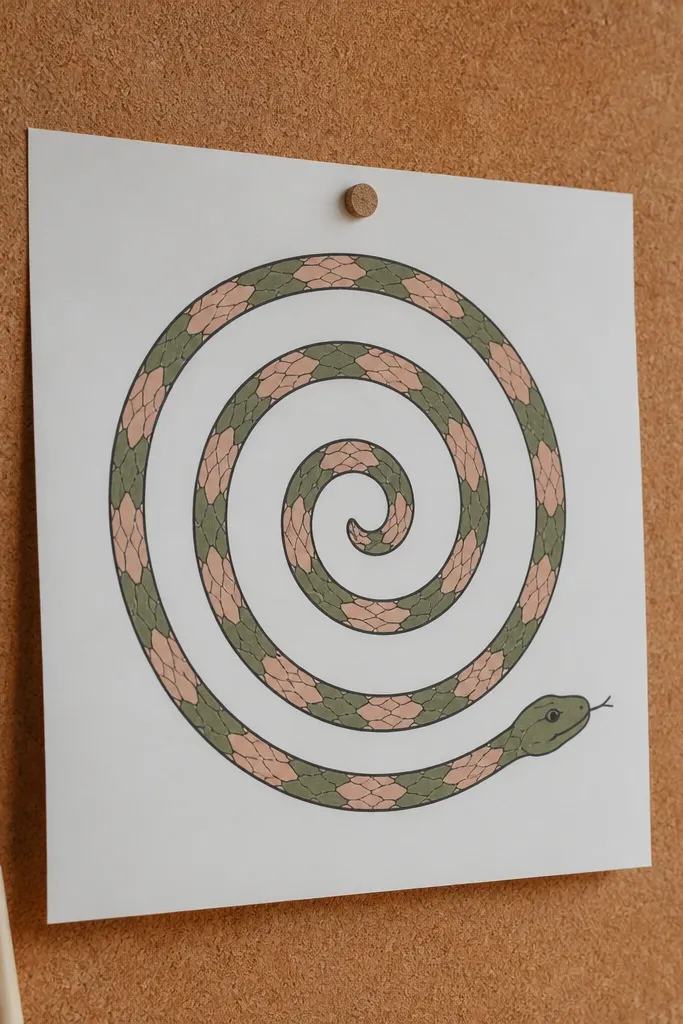 A coiled snake drawn as a spiral with a cute face on the outer loop