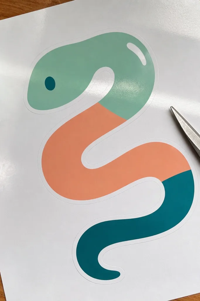 A cute snake with bold color blocks and simple dot eyes