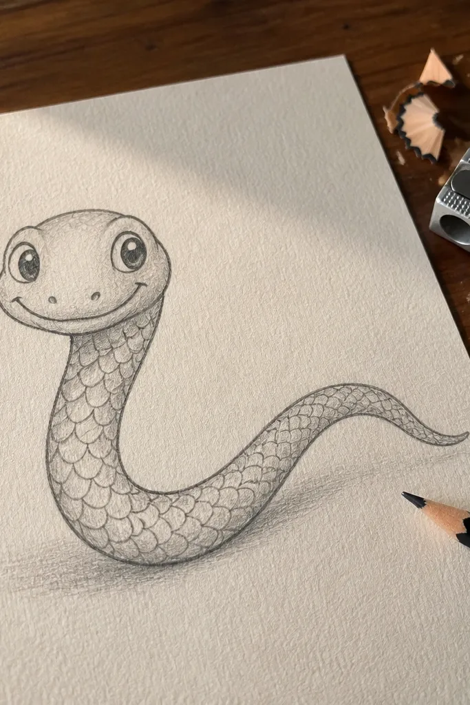 A baby snake with chevron scales and a small smile