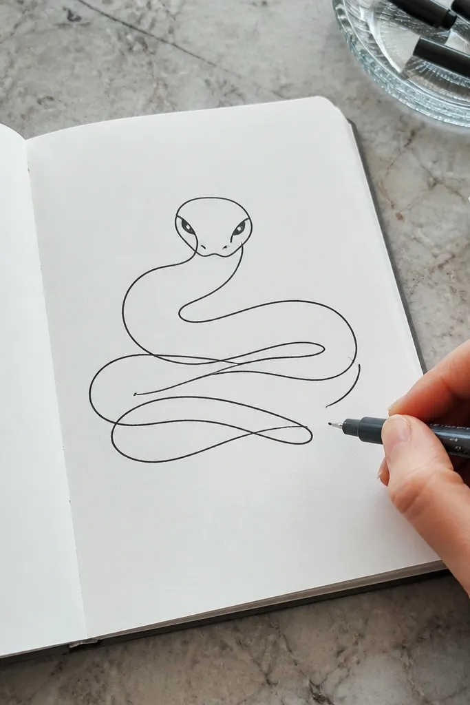 A cute snake drawn with a single continuous line and dot eyes