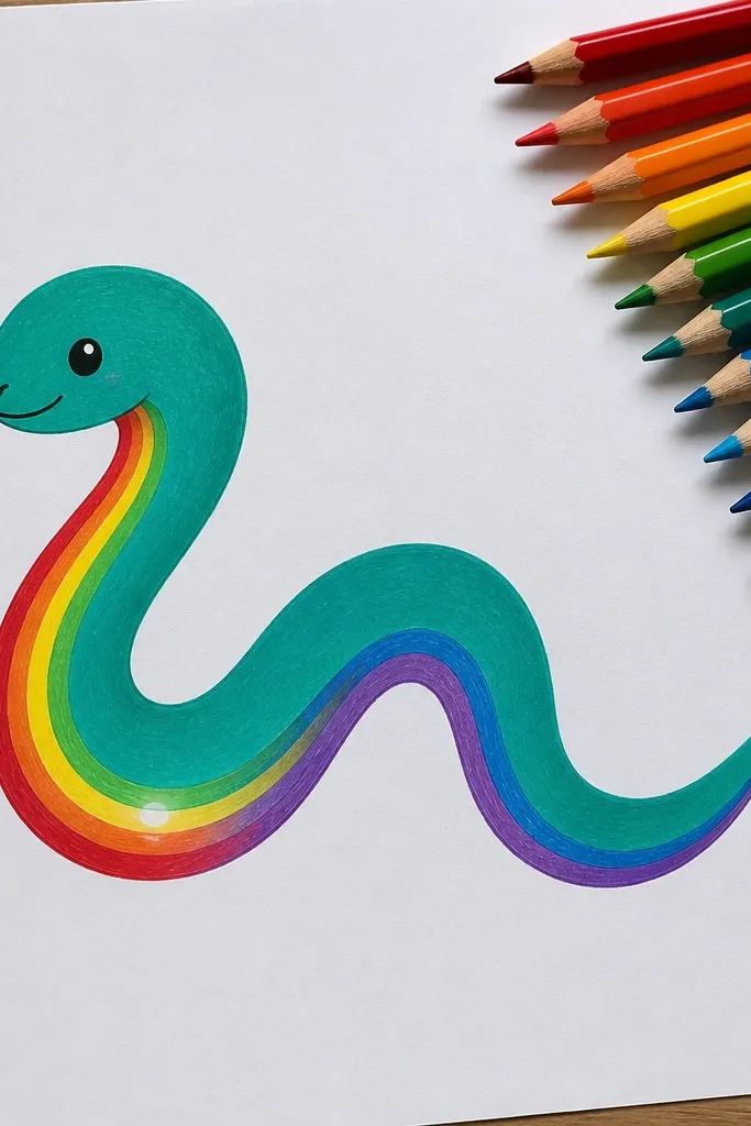 A snake with a rainbow belly band and cute dot eyes