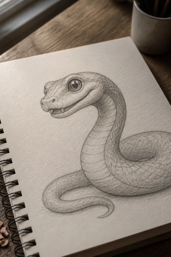 A snake shaded with light pencil and a cute smile
