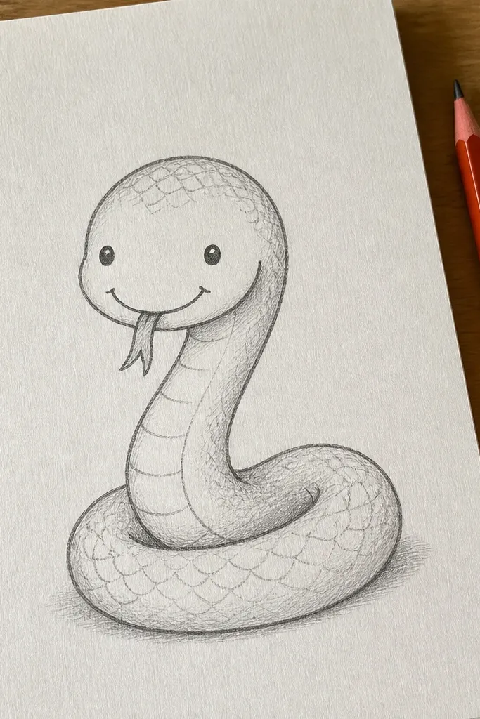 A cute snake with a small tongue sticking out and dot eyes