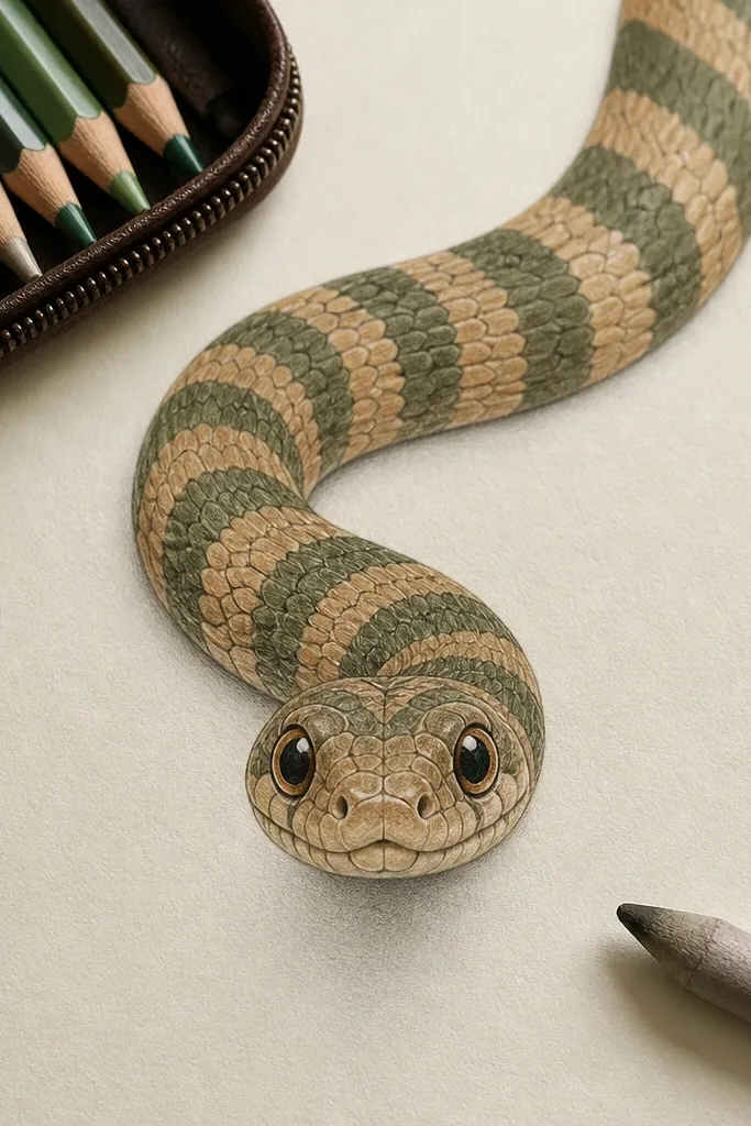 A snake with alternating darker and lighter scale bands and cute eyes