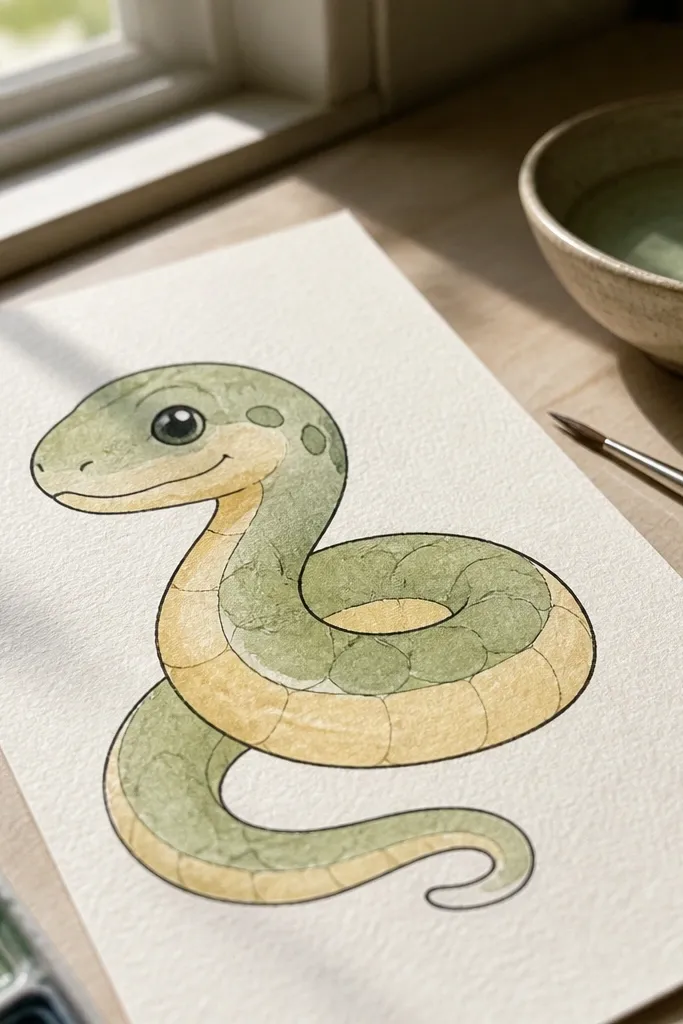 A snake with watercolor washes and a crisp outline plus cute eyes
