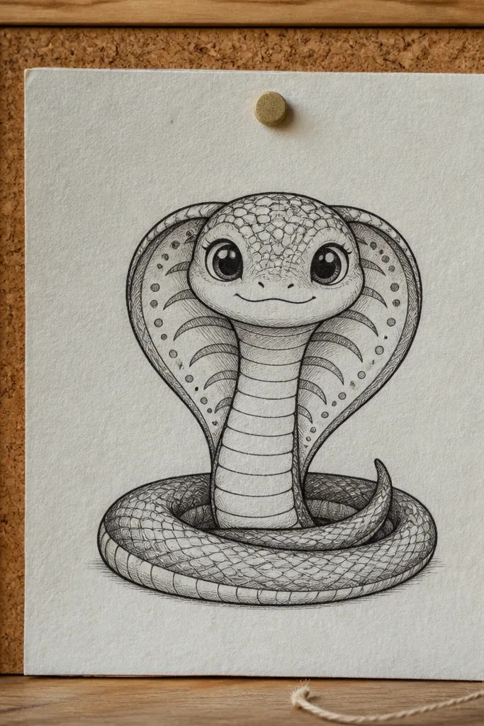 A snake with a hood-like head shape and cute eyes