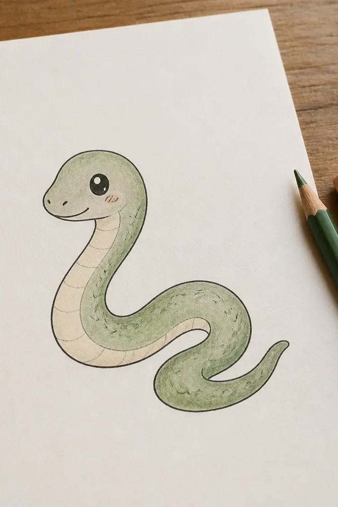 A snake with a small cheek stripe and a tiny smiling mouth