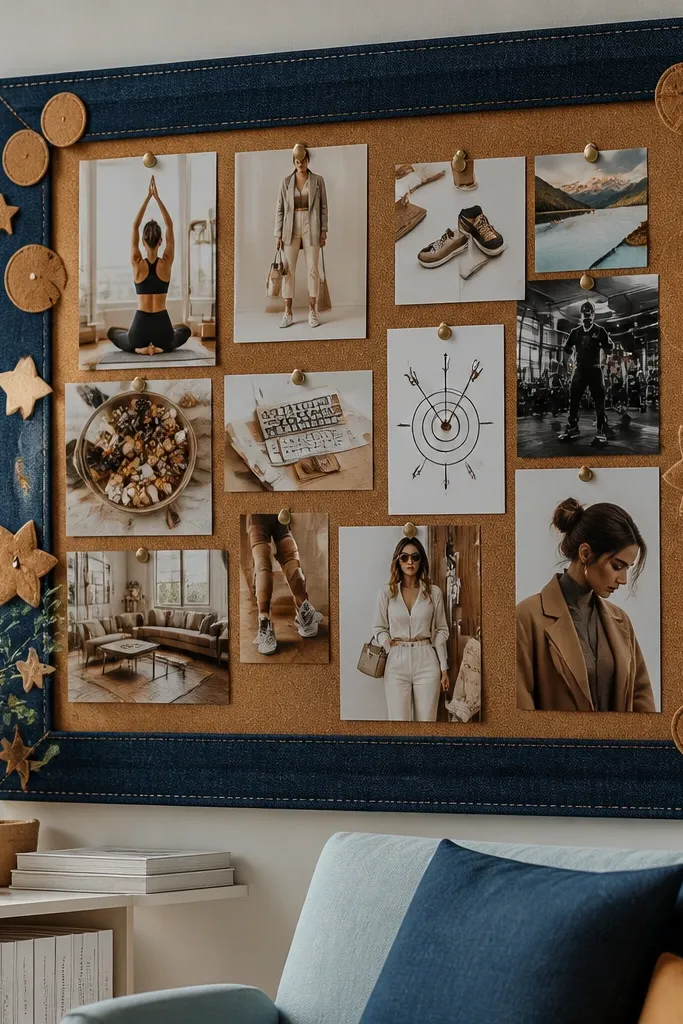Denim fabric border with tan background and cutout photos of shoes and outfits