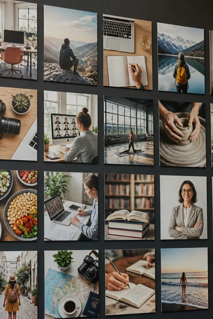 Magazine cutouts arranged in panels with straight crop lines and matching spacing
