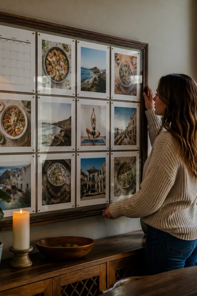 Multiple small thrifted frames on a board with photos inside and clean spacing