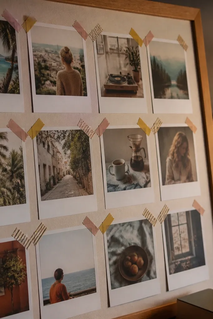 Polaroid-style prints with washi tape accents at corners on a light background